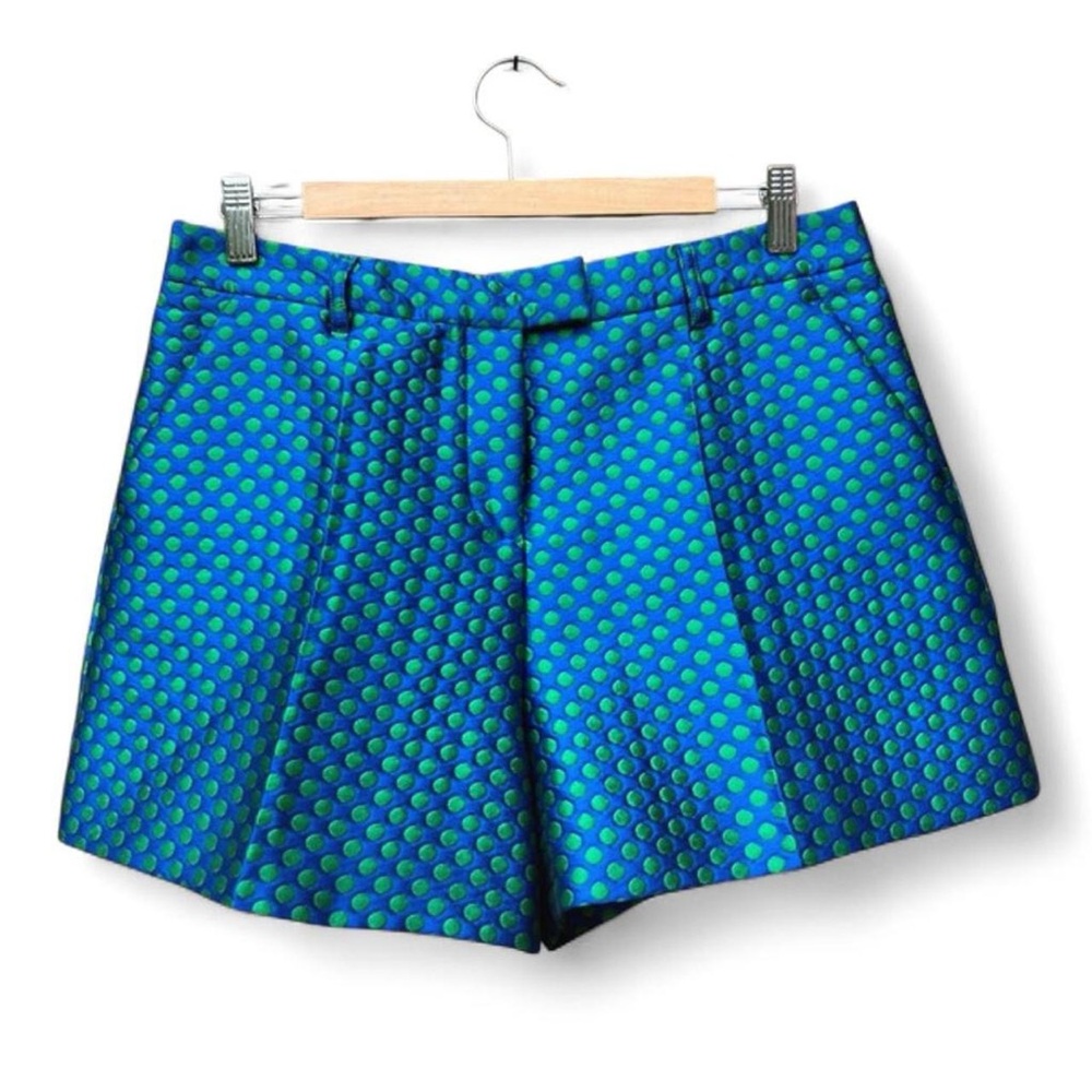 Moschino blue & green polka dot pleated shorts. Size 10